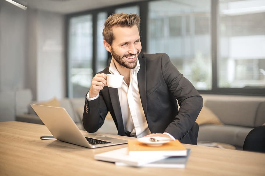 Man, holding, white, teacup, front, gray, laptop, adult | Piqsels
